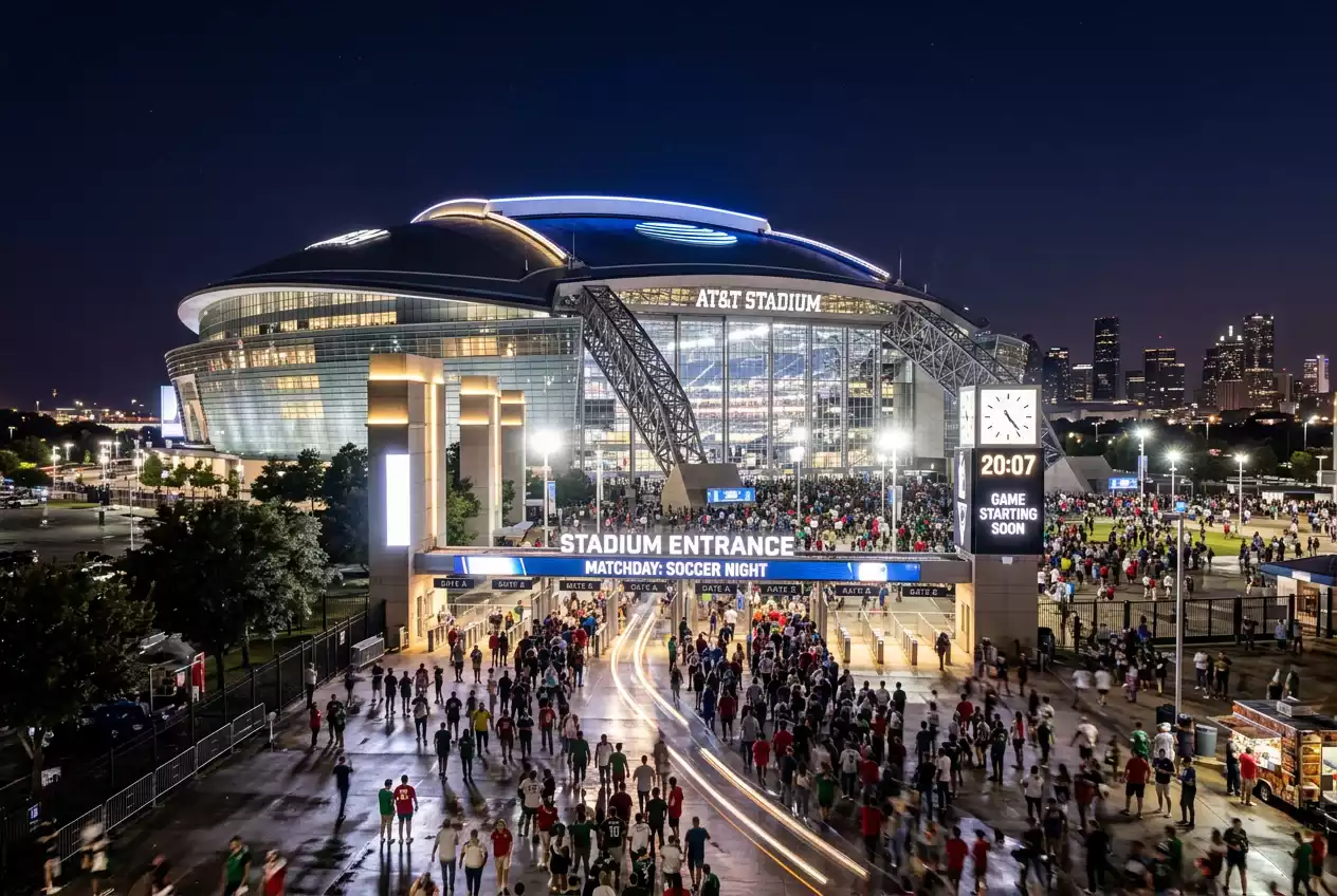 Stadion esti kivilágításban meccs közben - órával és CEST időzóna jelöléssel